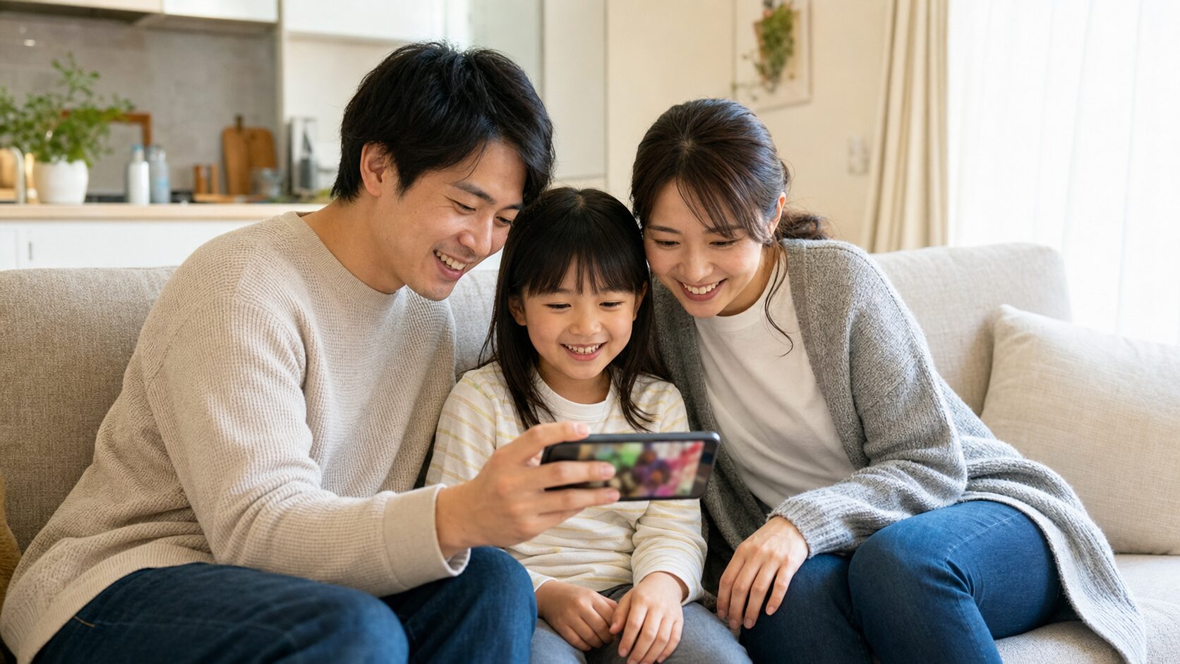 満足そうにスマホで動画を観る家族のイメージ